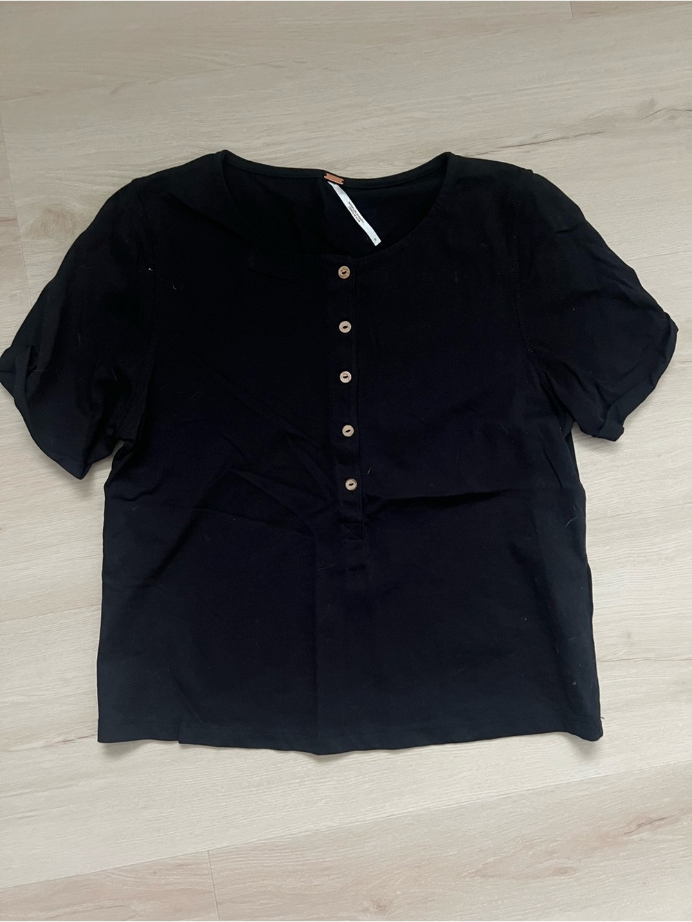 Free People Black Short Sleeve Button-Front Women's Top